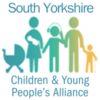 Children and Young People's Alliance logo for south yorkshire. Graphic of family in greens to yellows